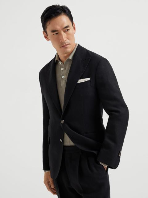 Brunello Cucinelli Linen, silk, wool and cotton textured stripe diagonal deconstructed blazer with large peak lapels an
