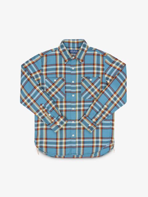 Iron Heart IHSH-442-SAX 9OZ SELVEDGE FLANNEL CHECK WORK SHIRT - SAX BLUE