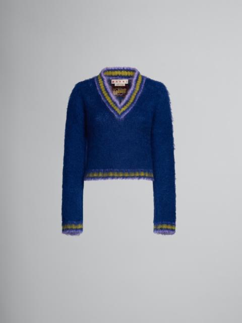 BLUE MOHAIR JUMPER WITH STRIPED TRIMS