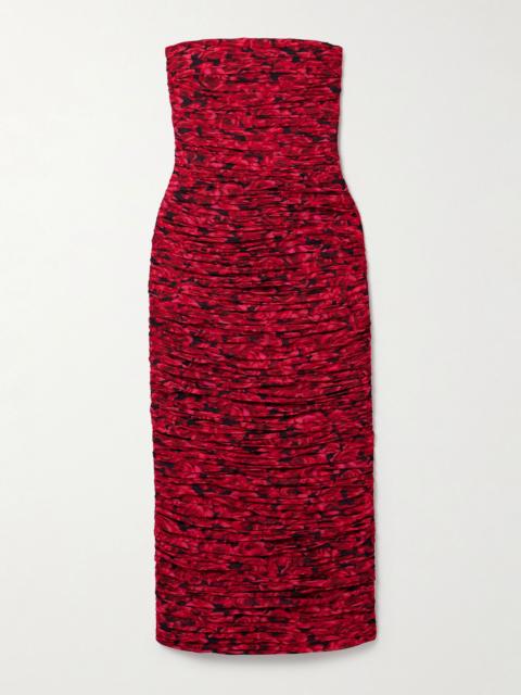 CAROLINA HERRERA Strapless ruched floral-print crepe midi dress Red