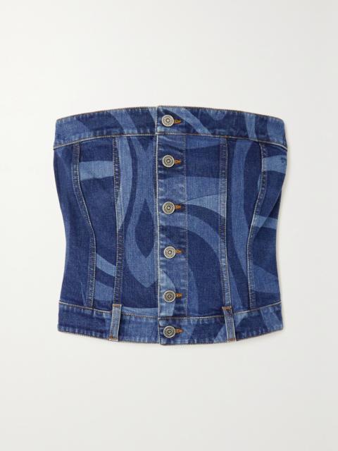 PUCCI Printed Stretch-denim Bustier Top