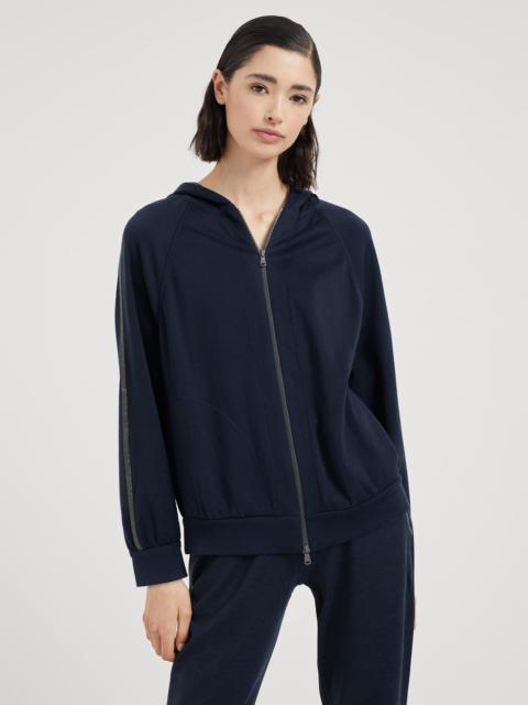 Cotton and silk interlock hooded sweatshirt with precious stripe