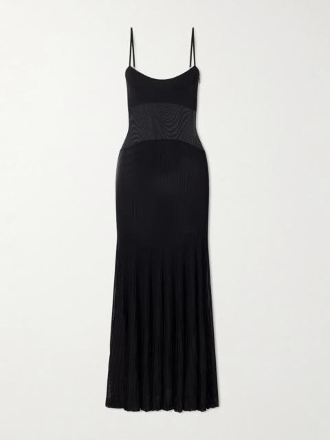 GALVAN Belladonna Mesh-trimmed Ribbed-knit Gown