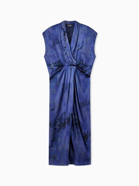 GIORGIO ARMANI DRAPED SILK DRESS WITH DEEP NECKLINE AND BATIK FLOWER PRINT