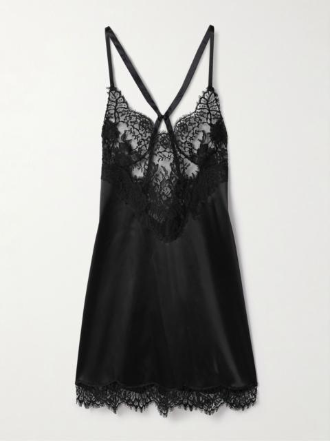 Lace-trimmed satin mini dress Black