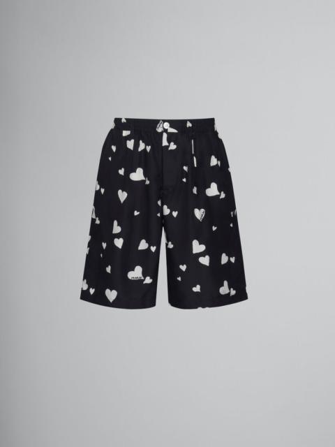 Marni BLACK SILK SHORTS WITH BUNCH OF HEARTS PRINT