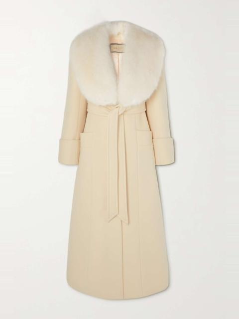 GUCCI Cosmogonie belted faux fur-trimmed wool-blend coat