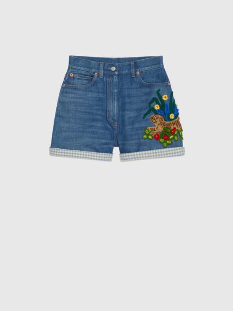 GUCCI Gucci Tiger denim shorts with embroidery