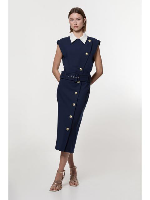 KAREN MILLEN Compact Stretch Tailored Contrast Collar Pencil Midi Dress
