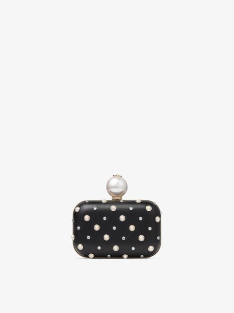 JIMMY CHOO Micro Cloud
Black Nappa Mini Bag with Pearl Studs and Pearl Clasp