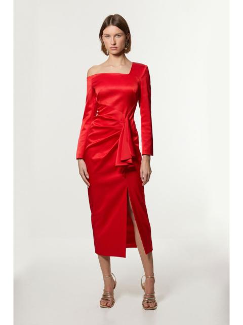 KAREN MILLEN Petite Italian Structured Rib Asymmetric Neckline Draped Tailored Maxi Dress