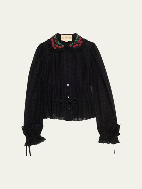 Valentino Cherry Embroidered Daisy Sangallo Self-Tie Blouse