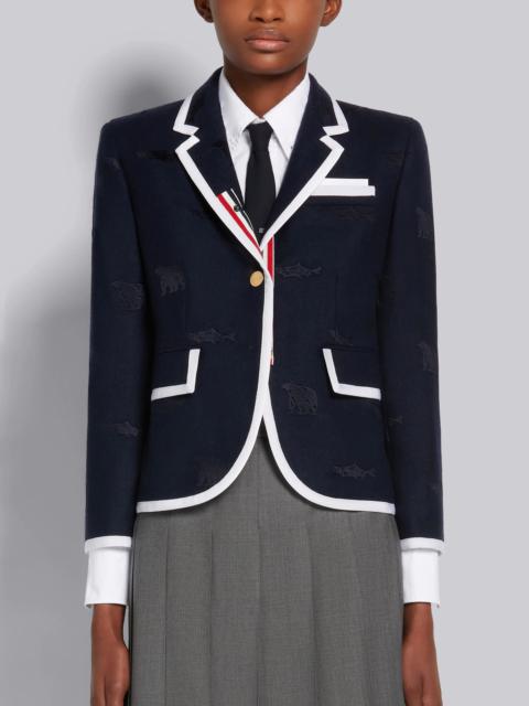 Thom Browne Navy Cotton Canvas Grosgrain Tipping Bear and Salmon Half Drop Embroidery High Armhole Sport Coat
