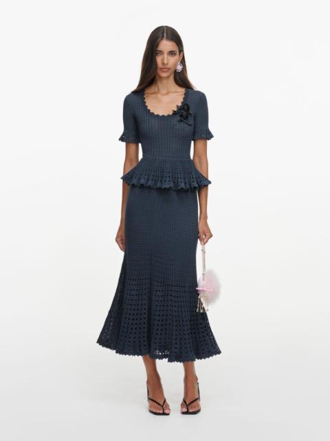 self-portrait Grey Pointelle Peplum Knit Midi Dress