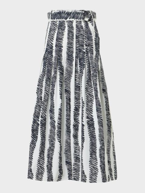 AKRIS Scribble Pleated Cotton Poplin Midi Skirt With Belt