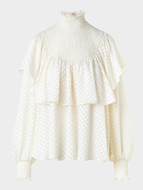 AKRIS Diamond Dot Devore Flounce Blouse
