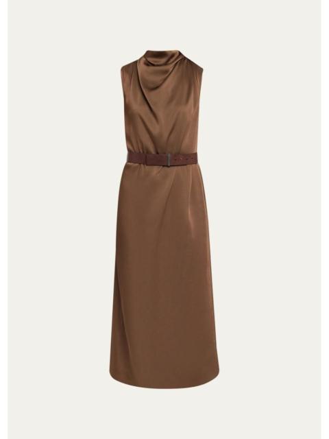 Brunello Cucinelli Cowl-Neck Fluid Satin Cady Sleeveless Belted Midi Dress