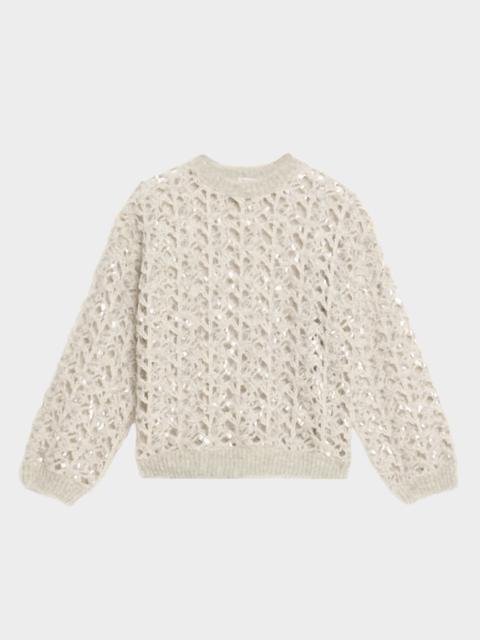 Brunello Cucinelli Sequined Mohair-Wool Open-Knit Crewneck Sweater