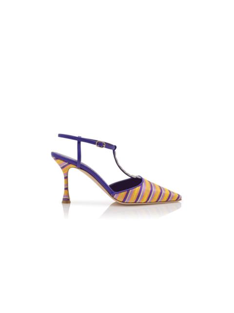 Manolo Blahnik Purple and Orange Cotton Striped T-Bar Pumps