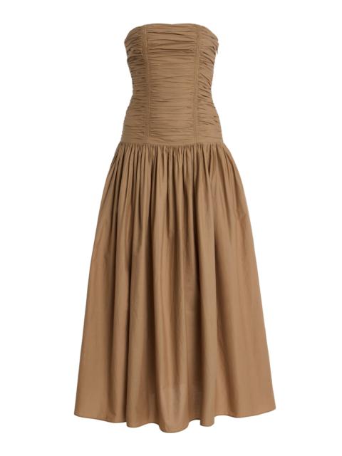 MATTEAU Strapless Ruched Cotton Drop-Waist Maxi Dress tan