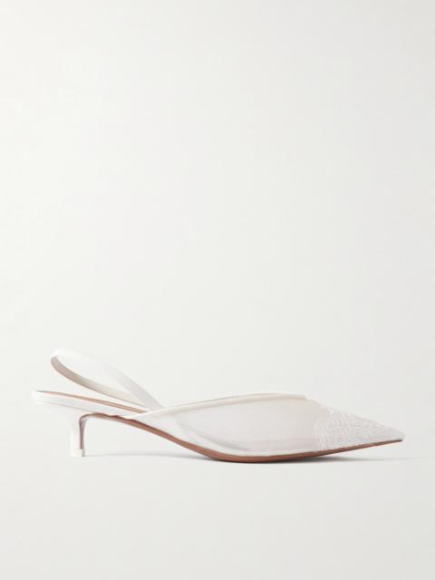 NEOUS Irena Satin And Lace-trimmed Mesh Slingback Pumps