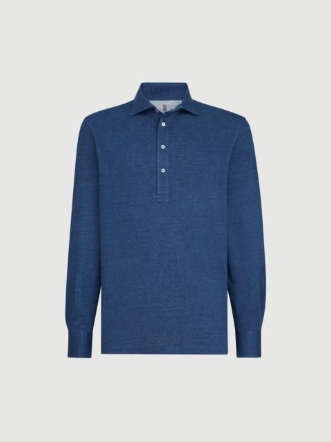 Brunello Cucinelli Linen and cotton mélange jersey long sleeve polo with shirt-style collar