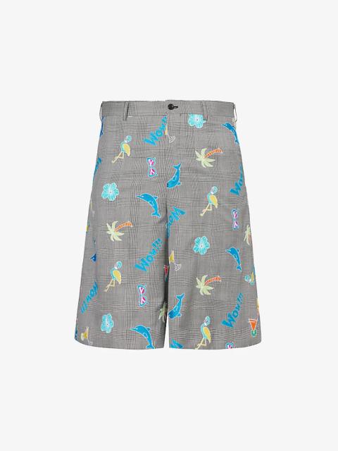Checked graphic-embroidered wool shorts