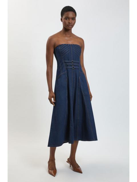 KAREN MILLEN Denim Bandeau Corset Detail Midi Dress