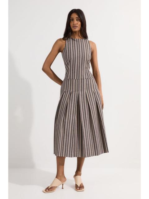 KAREN MILLEN Tailored Stripe Linen Sleeveless Full Skirt Midi Dress