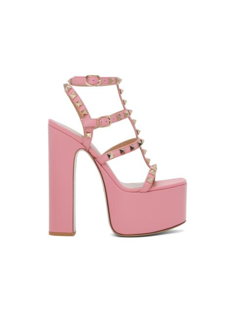 Pink Rockstud T-Strap Heeled Sandals