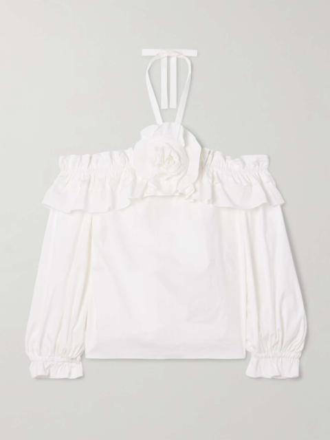 CAROLINA HERRERA Off-the-shoulder ruffled appliquéd cotton-blend poplin halterneck blouse White