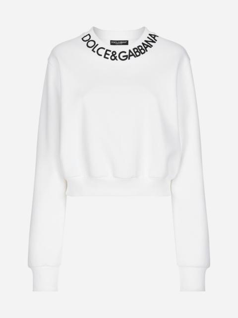 Cropped jersey sweatshirt with logo embroidery on neck