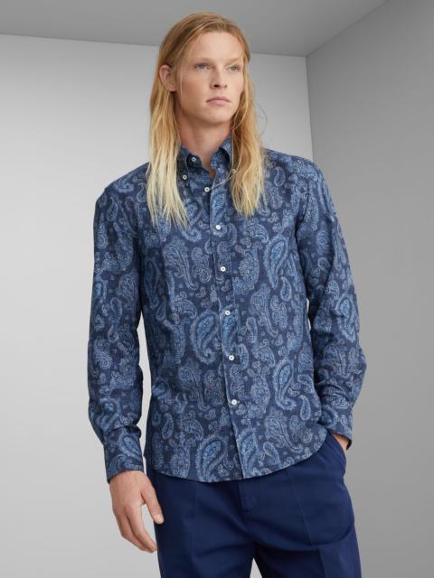 Paisley cotton slim fit shirt with button-down collar