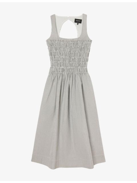 WHISTLES Striped Shirred-Bodice Cotton Midi Dress