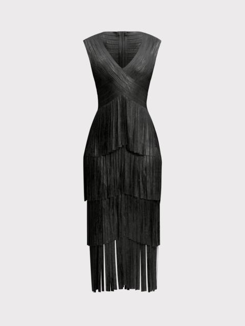 HERVE LEGER V NECK FOIL FRINGE MIDI DRESS
