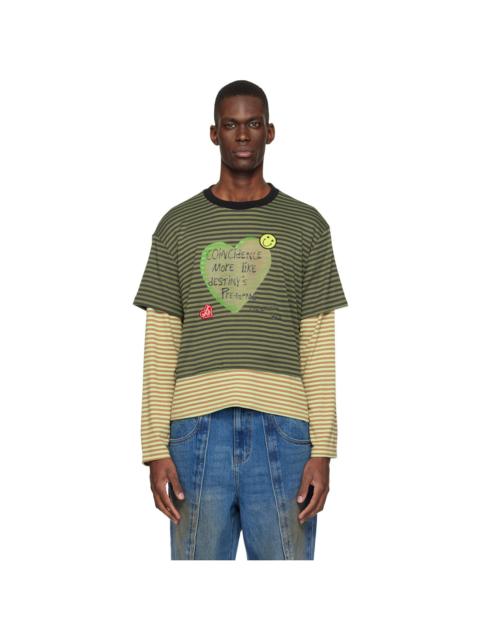 Andersson Bell Khaki Essential Heart Message Stripe Layered LS T-shirt