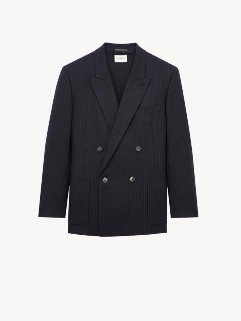 SAINT LAURENT DOUBLE-BREASTED JACKET IN PIN DOT STRIPE WOOL GABARDINE