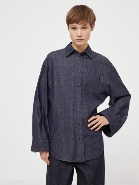 No-fade denim shirt with shiny tab