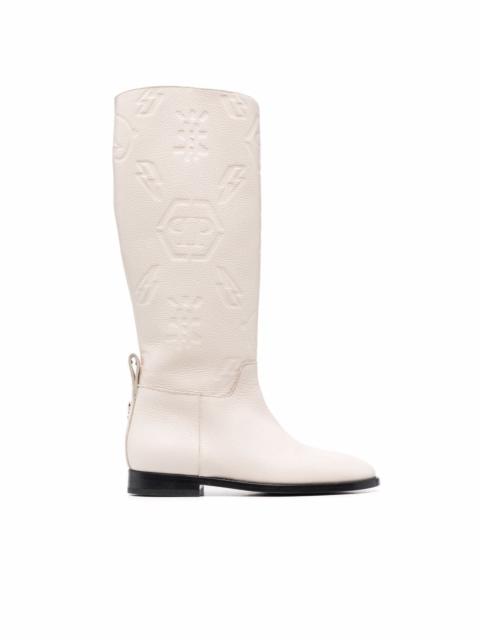 embossed-logo knee-high boots