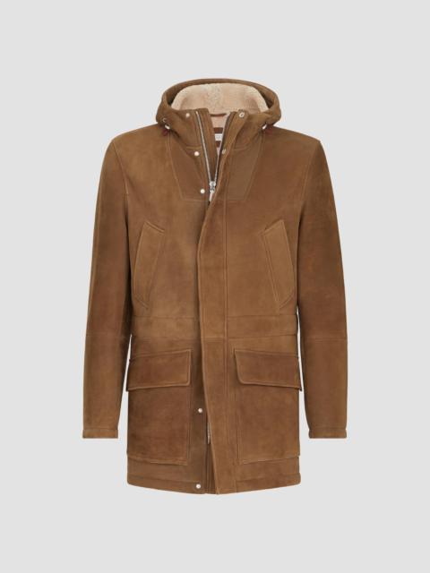 Brunello Cucinelli Men's Suede Curly Shearling Parka Jacket - Brown