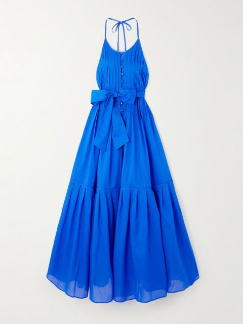 LORETTA CAPONI Patmos belted tiered cotton-poplin halterneck maxi dress Blue