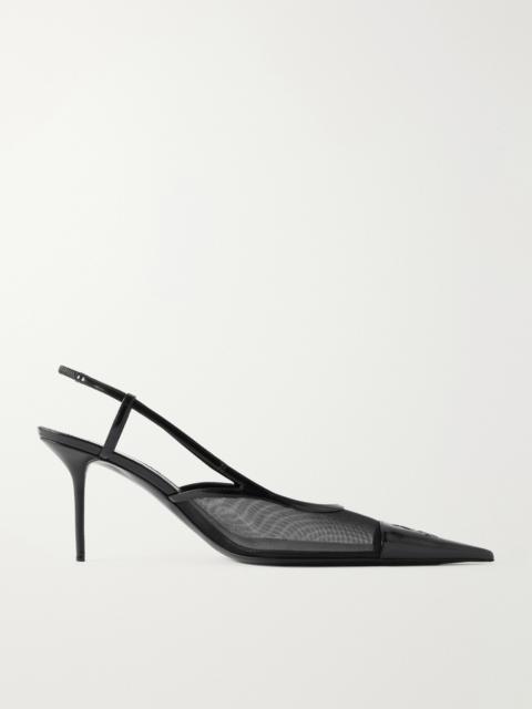 SAINT LAURENT Renée Embroidered Patent Leather-trimmed Mesh Slingback Pumps