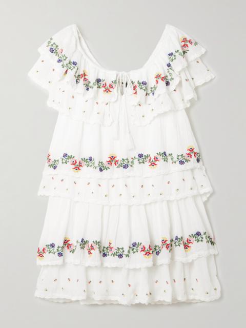 RIXO Leilani Tiered Embroidered Cotton-voile Mini Dress