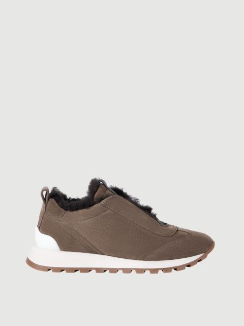 Brunello Cucinelli Suede runners with shearling lining and precious detail