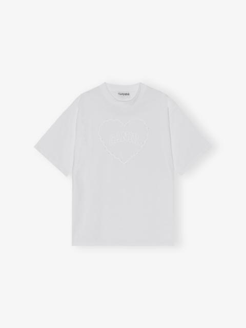 GANNI WHITE HEAVY COTTON DROP SHOULDER HEART T-SHIRT