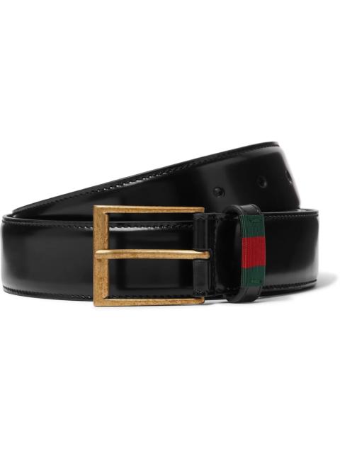 GUCCI 3.5cm Webbing-Trimmed Polished-Leather Belt