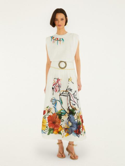 FARM RIO Off-White Tropi Embroidered Euroflax Premium Linen Maxi Skirt