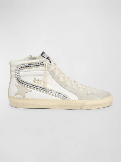 Slide Mixed Leather Crystal Mid-Top Sneakers