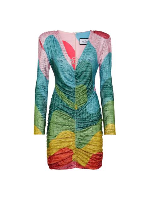 crystal-embellished rainbow-print minidress