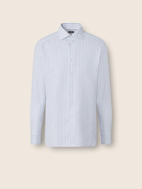 ZEGNA DARK INDIGO BLUE AND WHITE STRIPED COTTON LINEN AND SILK SHIRT